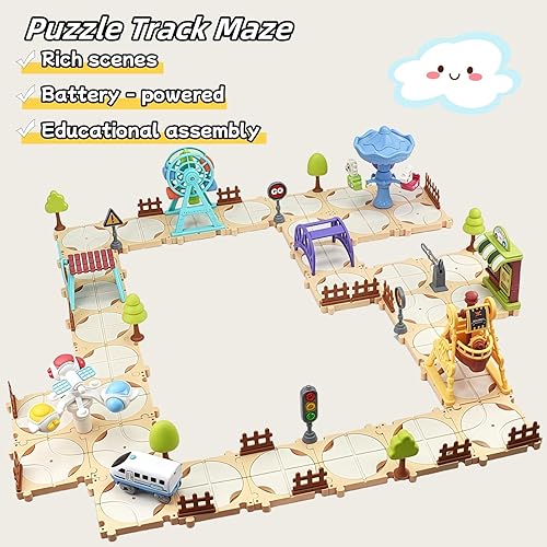 Miniatura 6 de Juego de trenes eléctricos de 125 piezas para niños pequeños y niños, juguetes STEM Logic Road Builder, juguete de trenes con pilas y pistas,