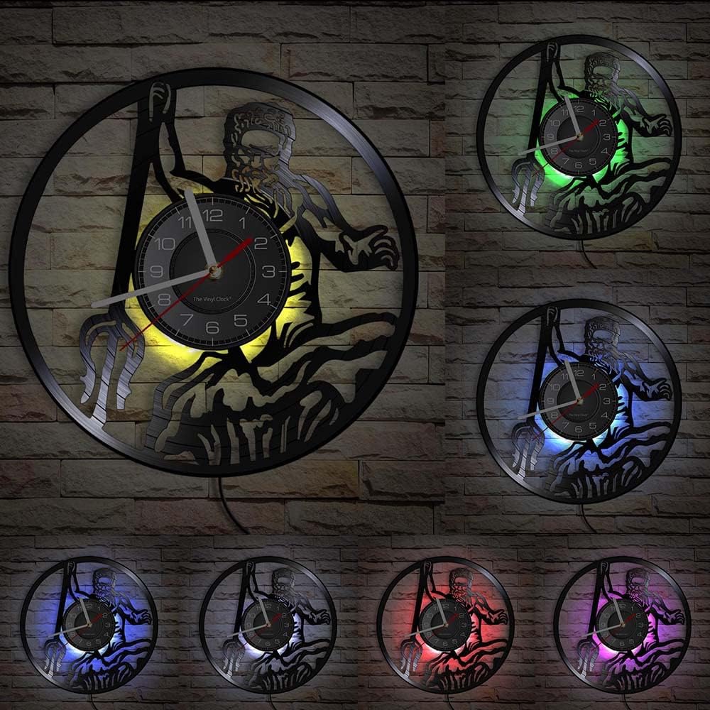 12'' Poseidon LED Vinyl Record Wall Clock with 7 Colors Changing Non-Ticking, Greek Mythology Neptune God Silhouette Hanging Night Light Wall Clock Watch Myth Greece Handmade Wall Art Decor