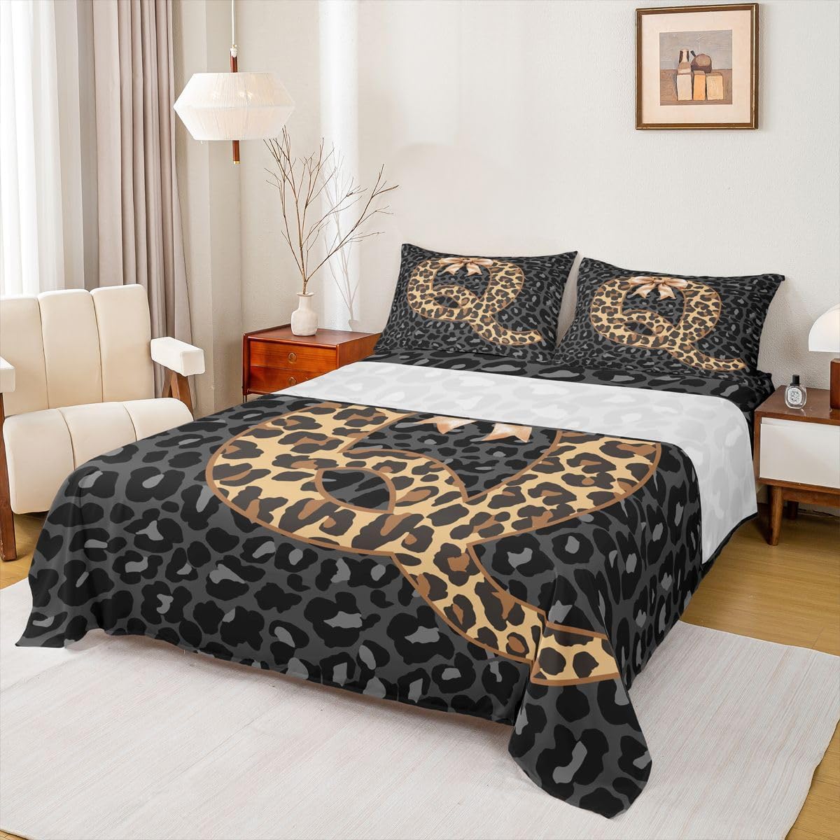 Erosebridal Brown Leopard Print Bow Bed Sheets Set Coquette Aesthetic Letter Queen Sheet Set for Teenage Boys | Personalized Name Monogrammed Alphabet Flat Sheet Toddler Balletcore Decor Grey