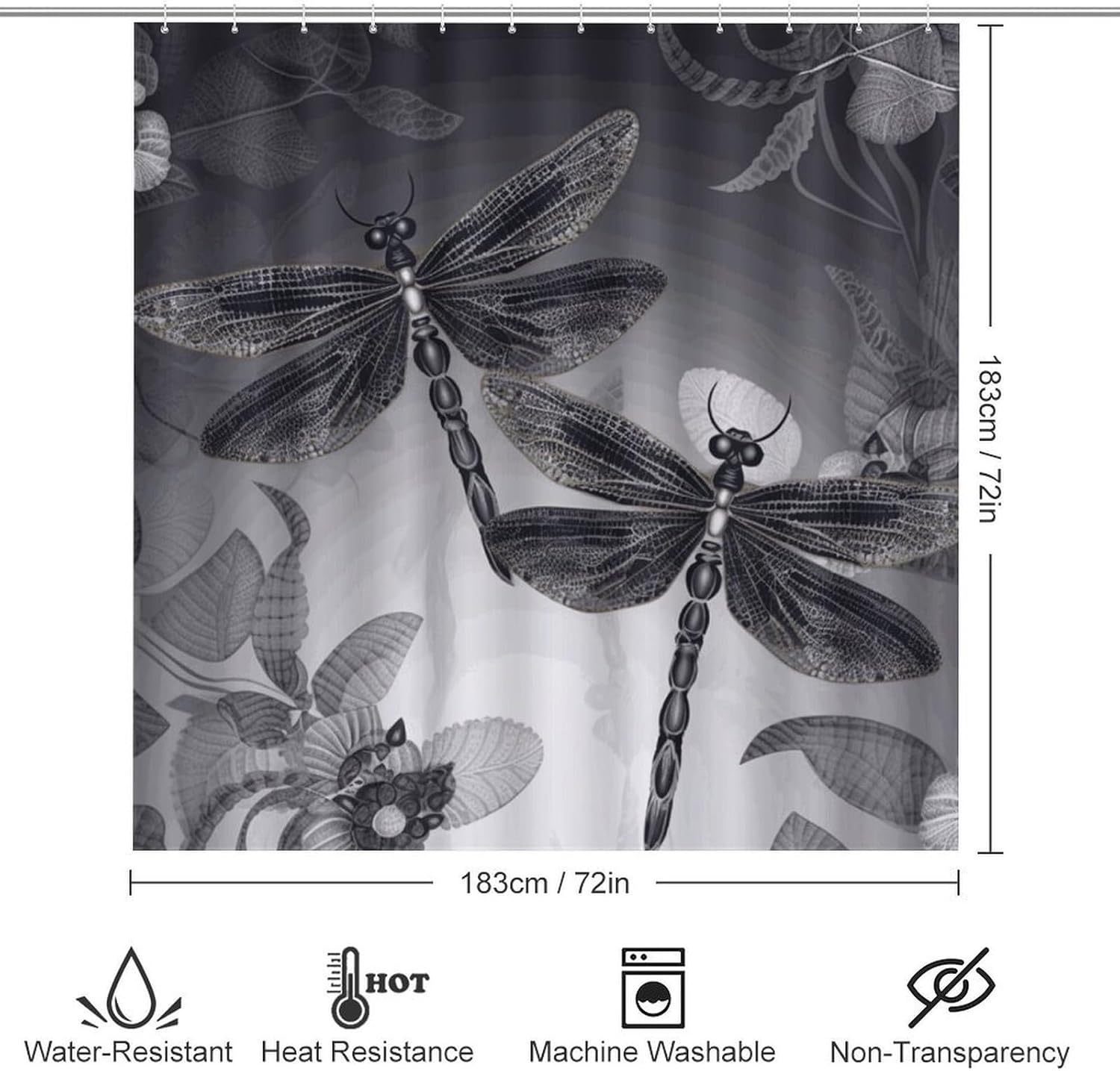 Dragonflies Grey 4Pcs Shower Curtain Set with Non-Slip Rugs, Toilet Lid Cover and Bath Mat,Bathroom Set Decor Accessories,Curtain Set with 12 Hooks, 72 X 72 Inch