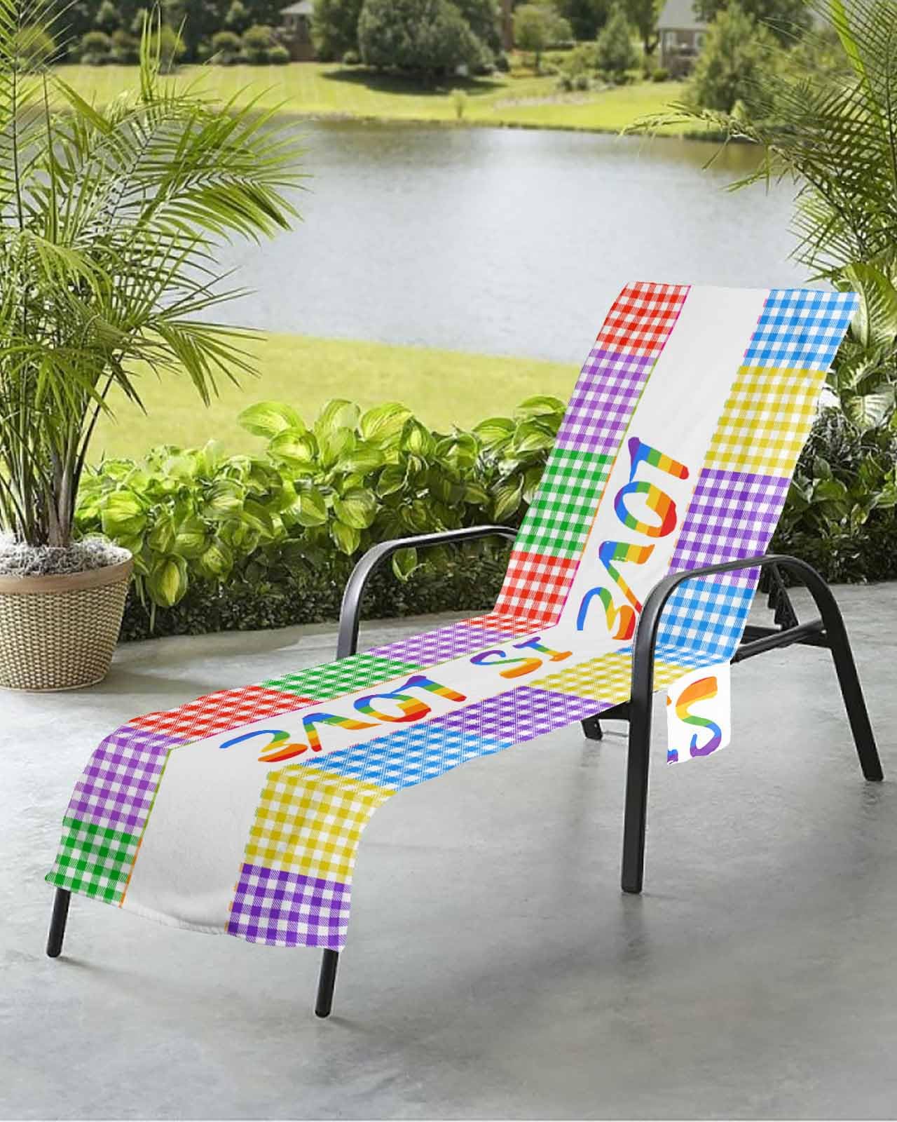 Colorful Lattice Beach Chair Towel Covers for Chaise Lounge with Side Pocket, Soft Plush Pool Towels Cover for Patio Sunbathing Outdoor 29''x85'' Abstract Rainbow Plaid Love Heart