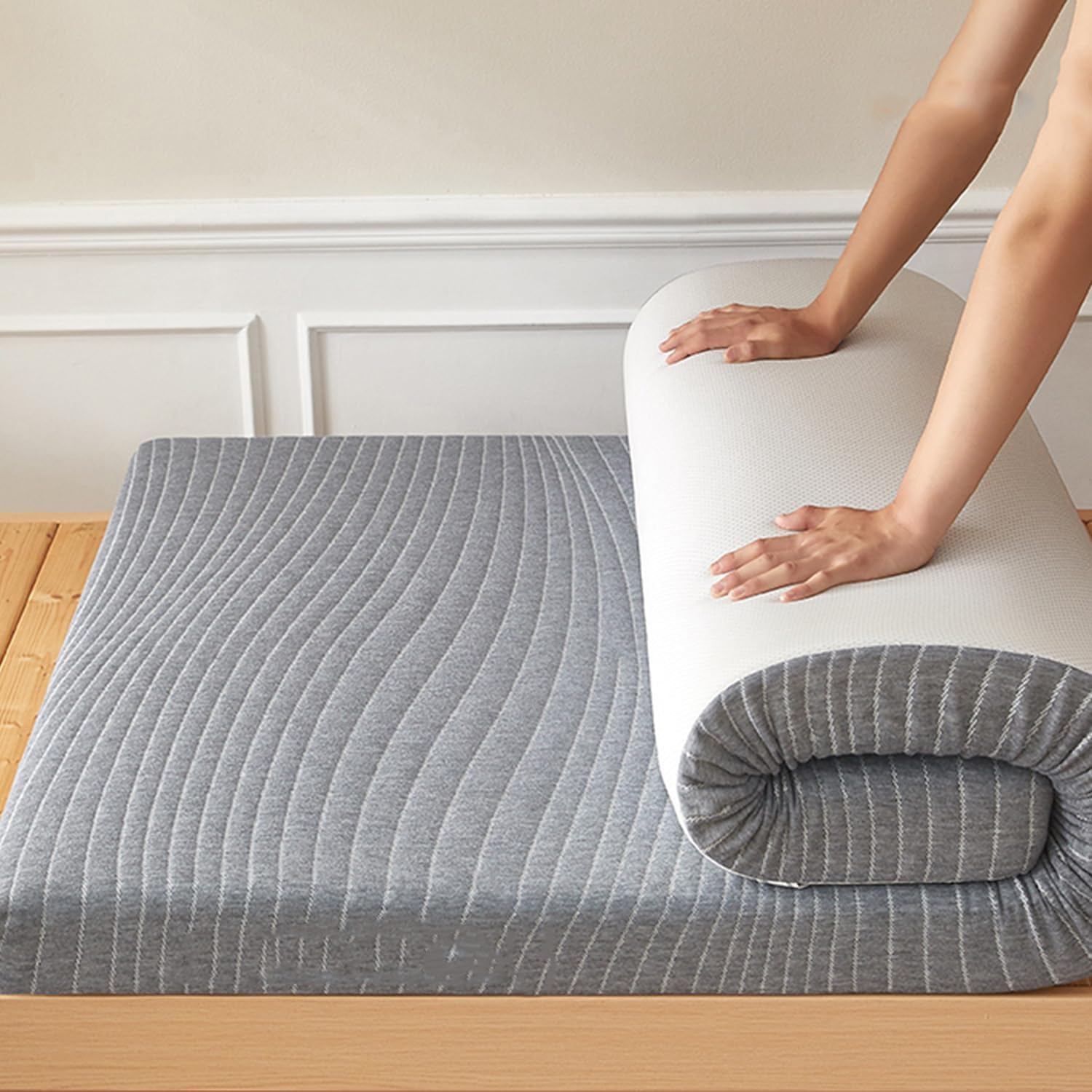 Grey/10cm,200x220cm, Futon Mattress Topper Thicken 5Cm/10Cm Traditional Floor Mattress Pad with Elastic Band Breathable Bed Topper for Queen Twin Full Size Camping Mattress for Guest Bed