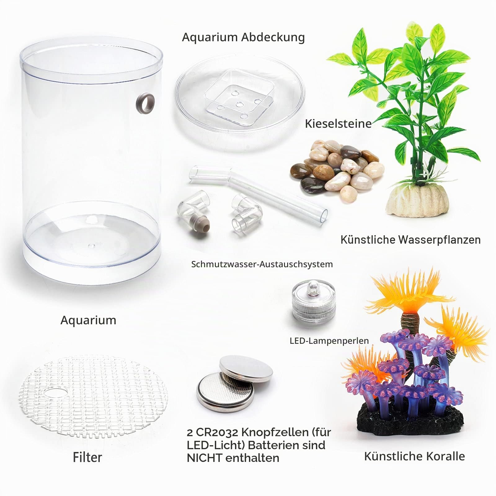 Kampffisch Aquarium Klein Komplettset, 3.5 L Aquarium Set Komplett mit LED-Beleuchtung, Kieselsteinen, künstlichen Korallen und Wasserpflanzen sowie automatischer Reinigungs- und Abwassersystem