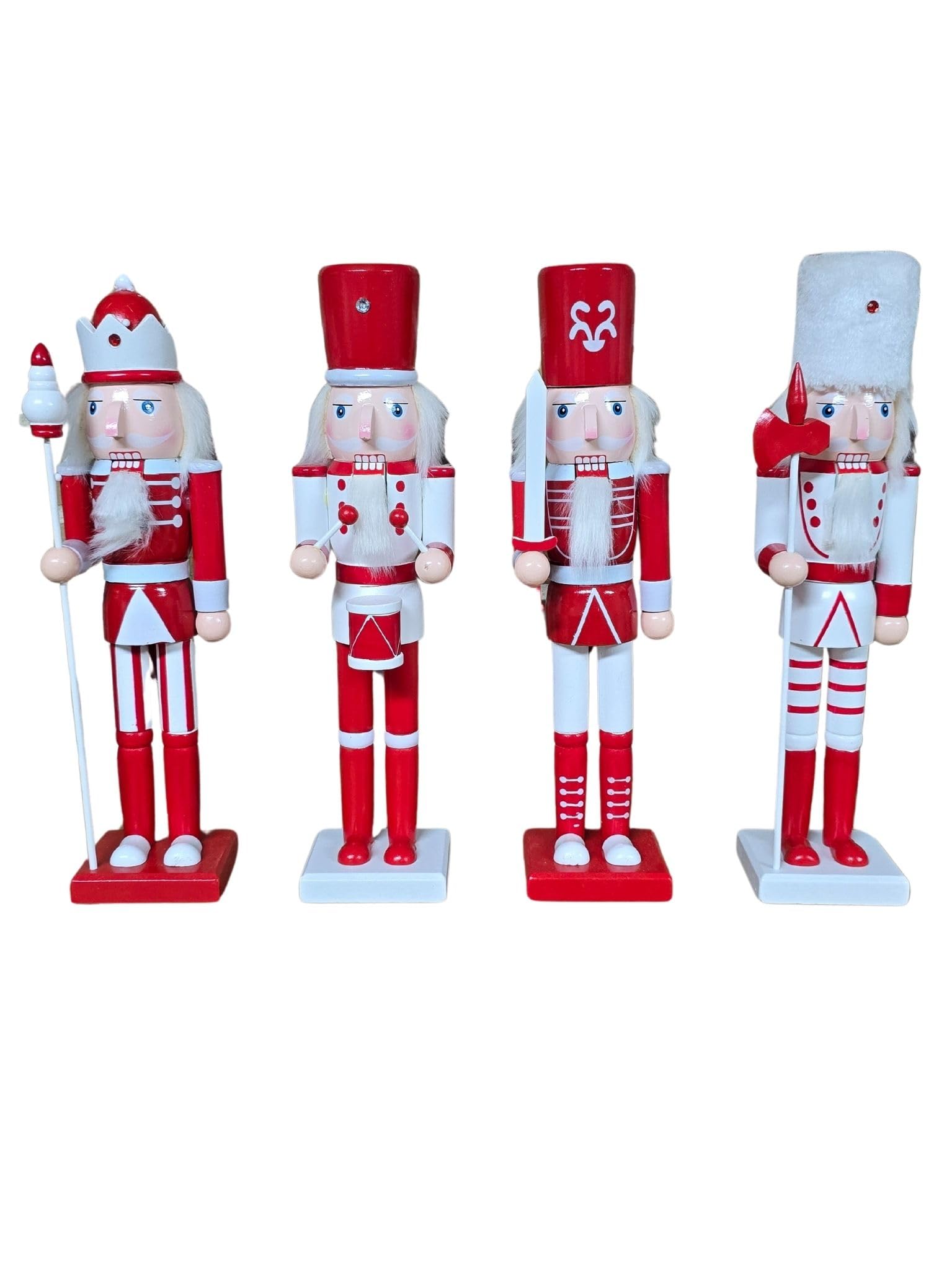 DRW Set 4 Cascanueces Altos soldaditos de Plomo de Madera Blanco y Rojo 10x8x38 cm