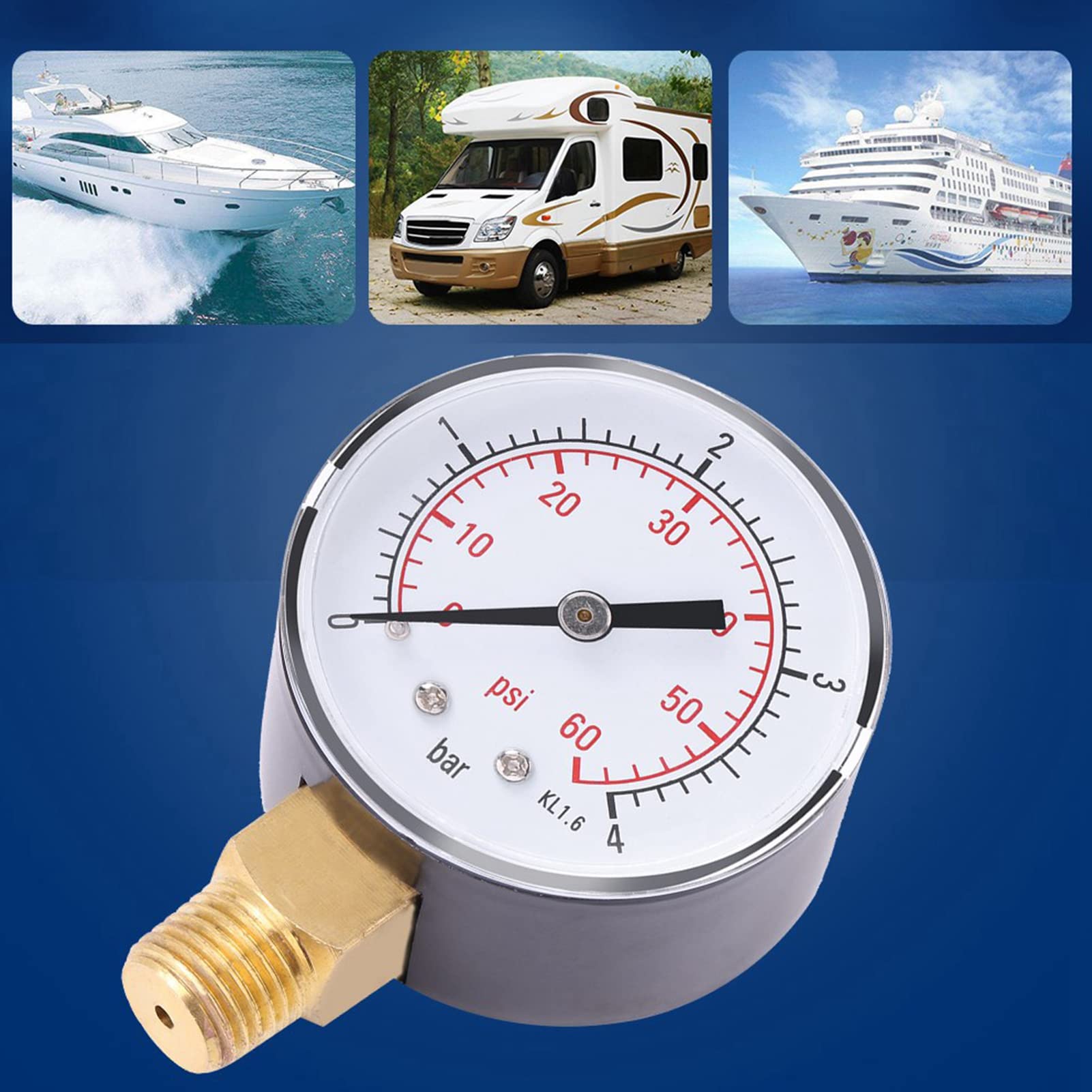 Metall Manometer, Druckmessgeräte mit 1/4 Zoll NPT Gewinde, Lötbares Manometer für Kraftstoff Luft Öl und Wasser, 0–4 Bar, 0–60 Psi