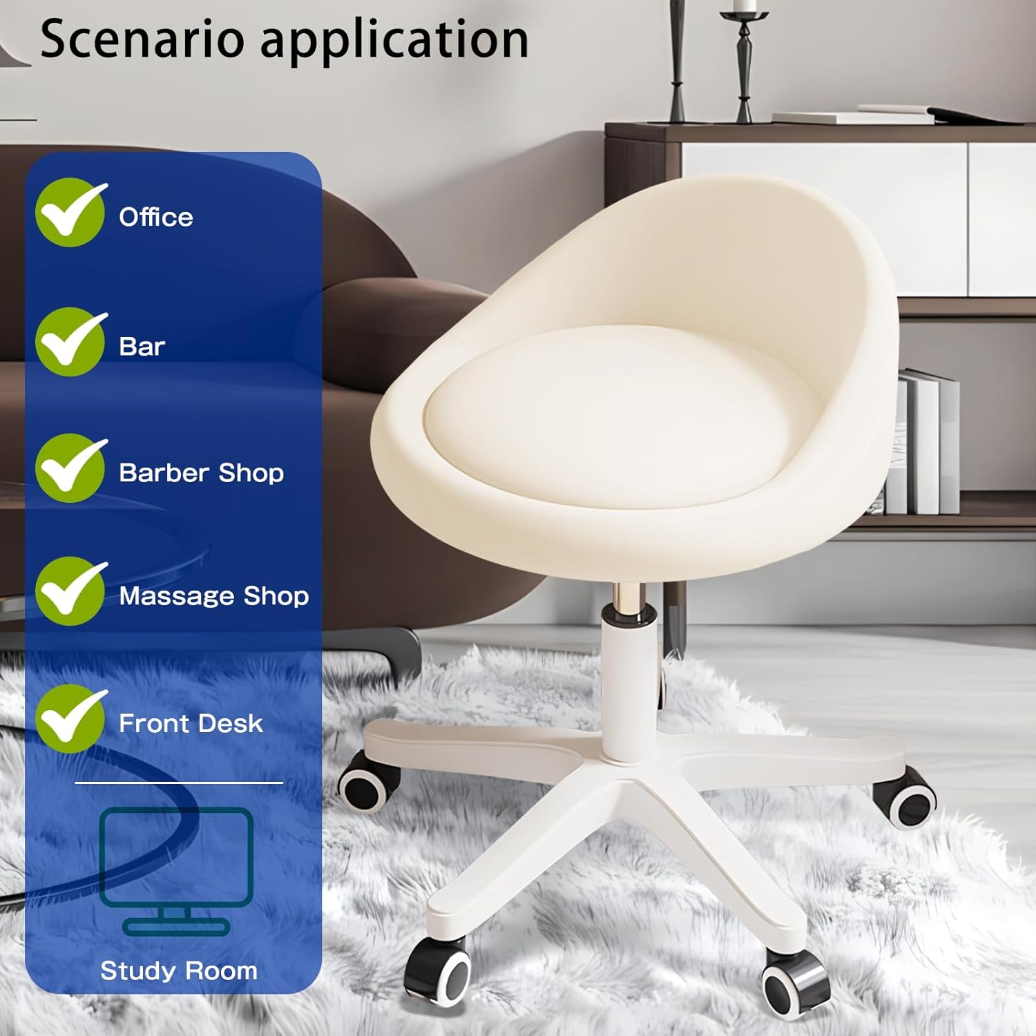 Rolling Stool – Ergonomic Swivel Seat, Adjustable Height, Ultra-Quiet Wheels, Padded PU Leather Cushion, for Salon, Office, Massage & Medical Use Beige - Image 3