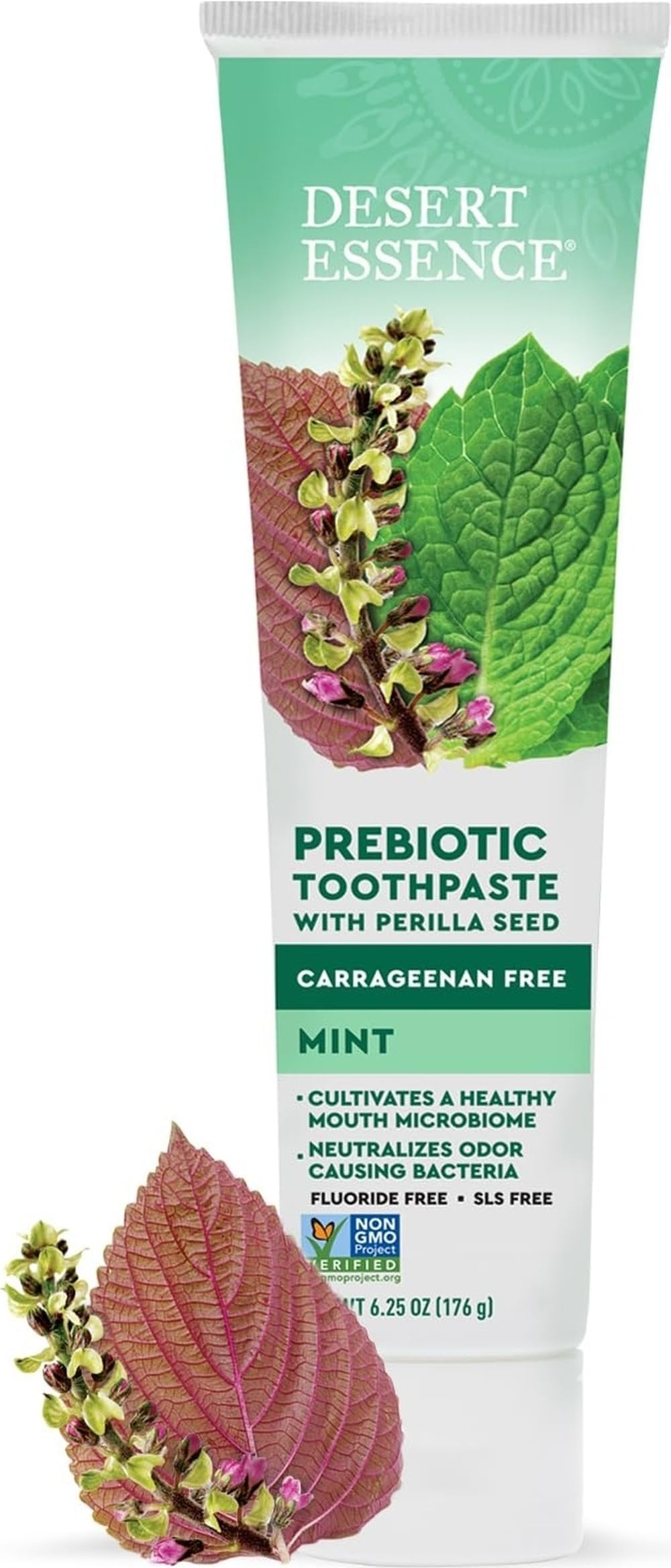 Desert Essence Prebiotic Mint Toothpaste, Fluoride Free, 6.25 oz | Inulin, chicory root and perilla seed support a balanced mouth microbiome and fresh breath