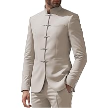 Mens 2 Piece Chinese Tang Suit Men Mandarin Collar Suits for Men Slim Fit Suit with Tang Style Metal Buckle