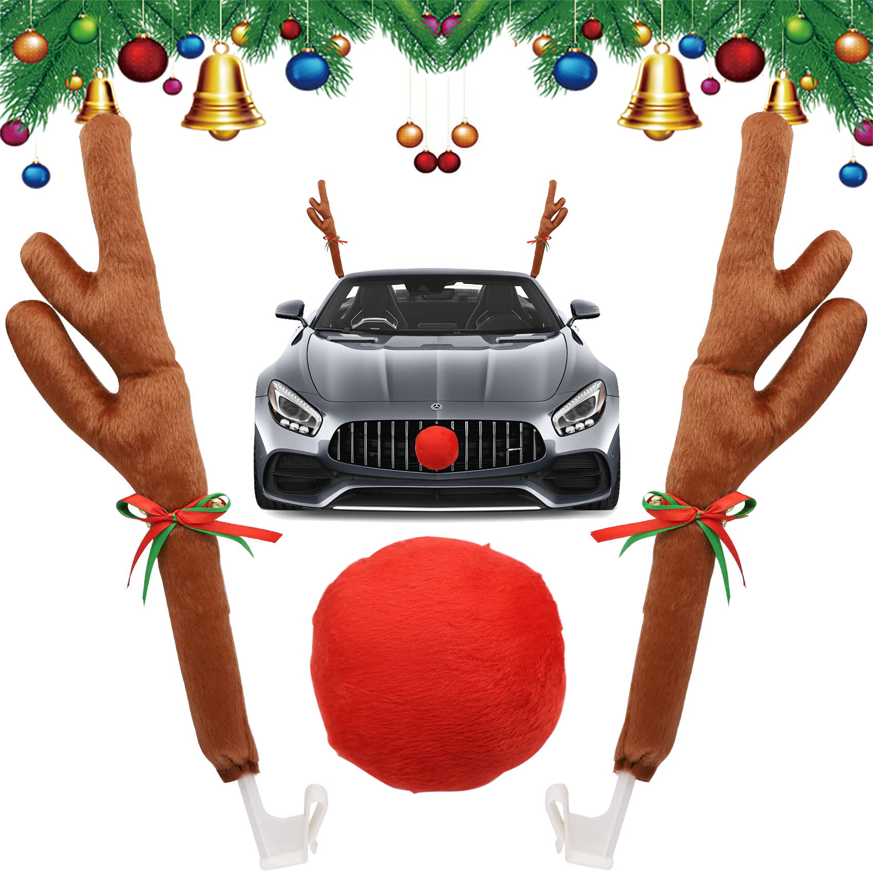 Aohcae Red Christmas Car Deer Reindeer Antlers & Nose Costume Kit For Xmas Decoration Festival Gift With Jingle Bells