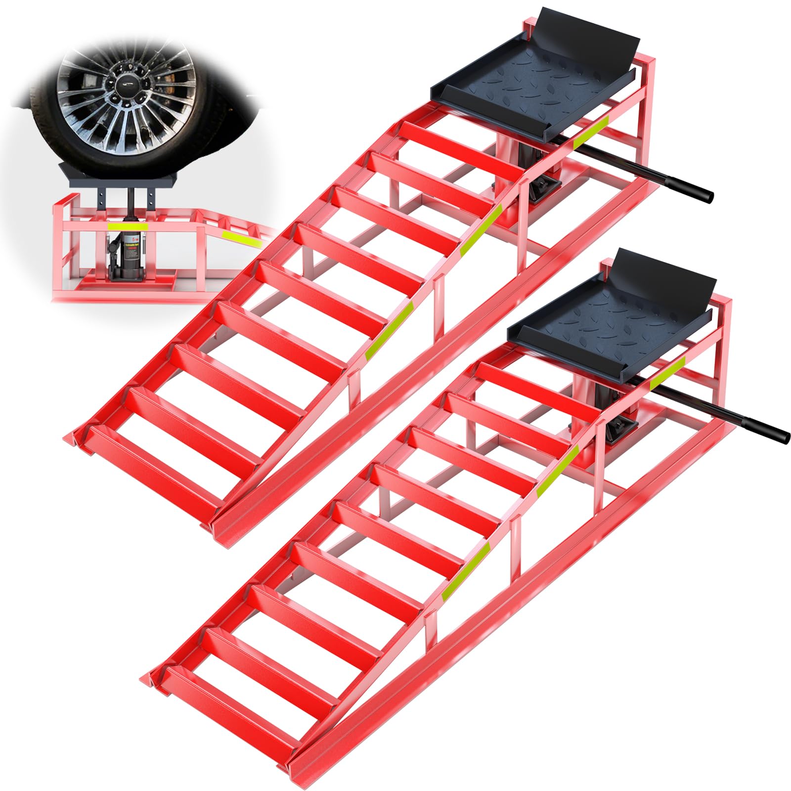 LARBANKE 2 Pezzi Rampe di Carico Idrauliche da 5 Ton, Rampe per Auto con Strisce Riflettenti, altezza regolabile da 24,9 a 38,1 cm, Ponte Sollevatore per Cambio Olio e Garage