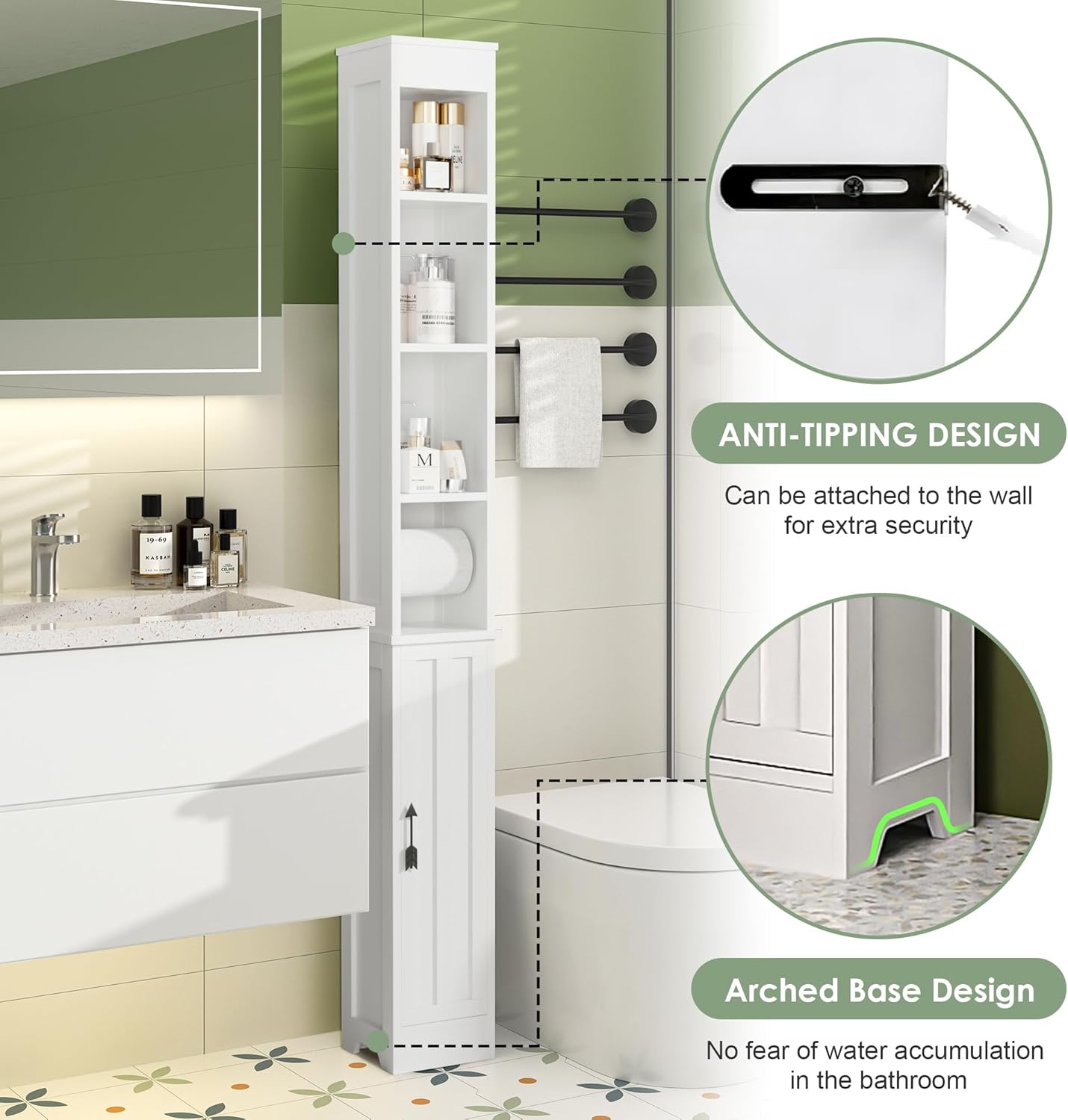 VECELO Tall Narrow Storage Cabinet with Adjustable Shelves, Slim Freestanding Bathroom Cabinet with Toilet Paper Holder, Magnetic Door, for Small Spaces, 7.9" D x 7.9" W x 71" H, Pearl White