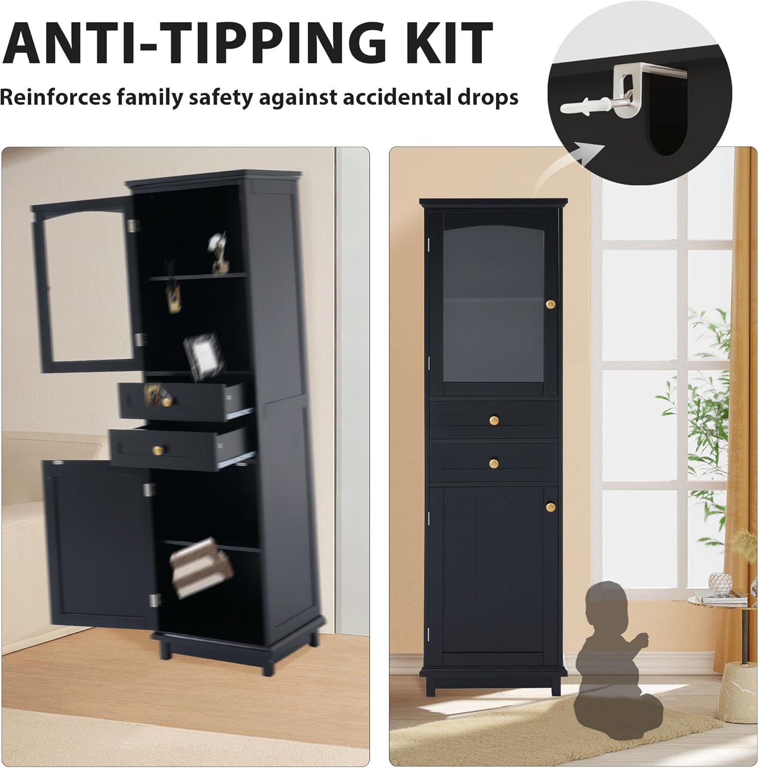 63“ Tall Bathroom Cabinet, Floor Freestanding Storage Cabinets with 2 Drawers, Adjustable Shelves and Glass Doors