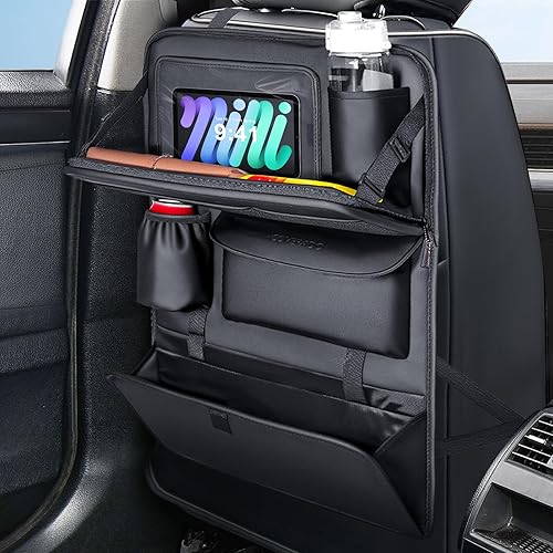 Coverado Organizador de asiento trasero de automóvil, organizador de asiento de automóvil de piel de napa con soporte para tableta de pantalla