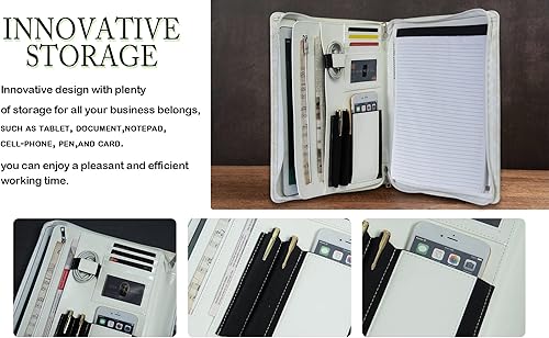 Miniatura 7 de AZXCG Cartera de cuero de impresión, padfolio de piel sintética en relieve con cremallera, cartera de currículum profesional con soporte para bloc