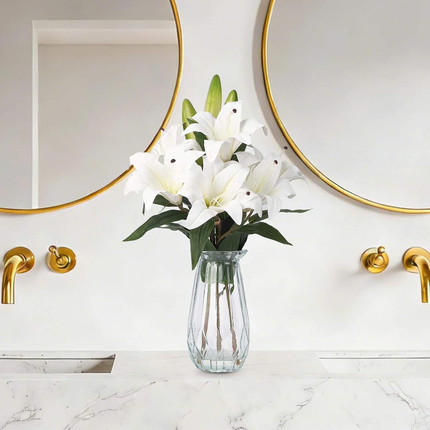GarveeHome Artificial Tiger Lily Flowers, 6 Stems Realistic Silk Lilies with Glass Vase, 19.7 Inch Tall Fake Flowers for Home Décor, Wedding, Table Centerpieces, Pure White