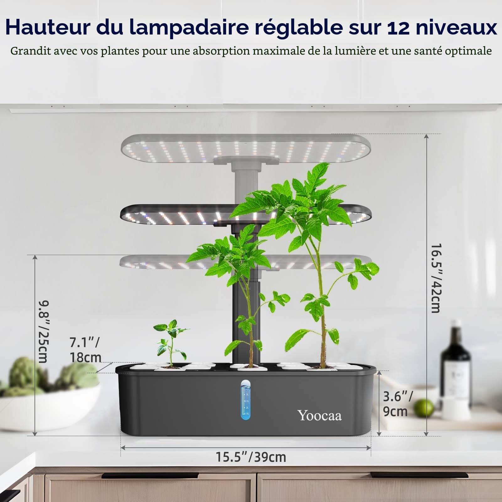 Potager Intérieur pour 12 Plantes, Kits et Systèmes pour Cultures Hydroponiques avec Hauteur Réglable sur 12 Niveaux et Minuteur Intelligent (sans graines)