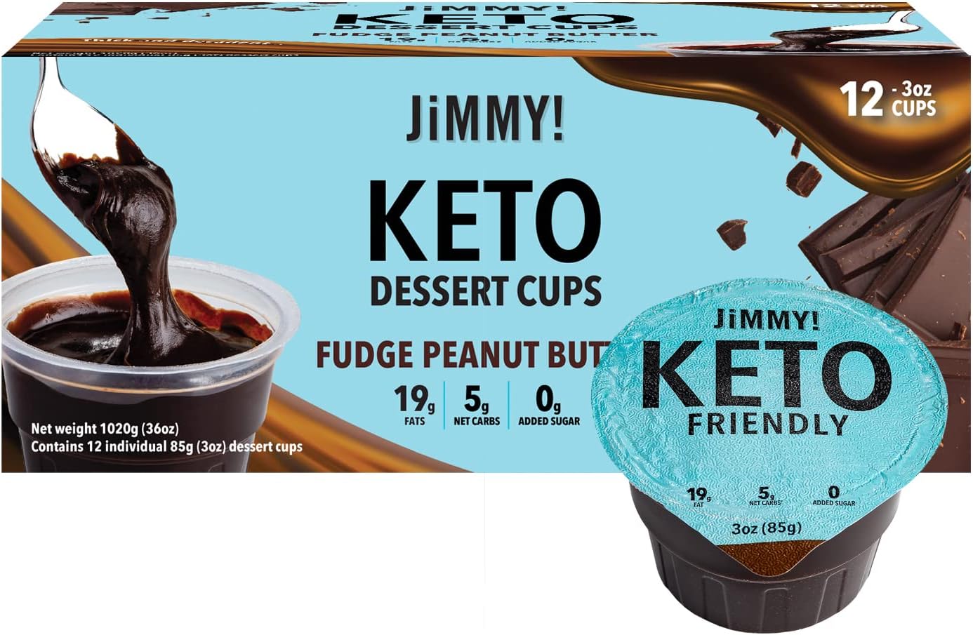 JiMMY! Keto Fudge Peanut Butter Dessert Cups (Packaging May Vary) - Dessert & Snack, 5g of Net Carbs, & 0g added sugar, 3 oz. Single Serve Container (Chocolate Fudge, 12 Pack)