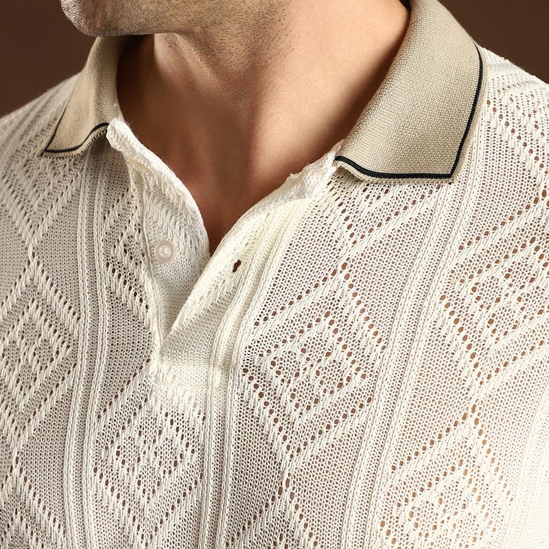Image of CAHOOT Men's Chalk White & Sand Beige Contrast Rhombus Polo T Shirt for Casual Wear