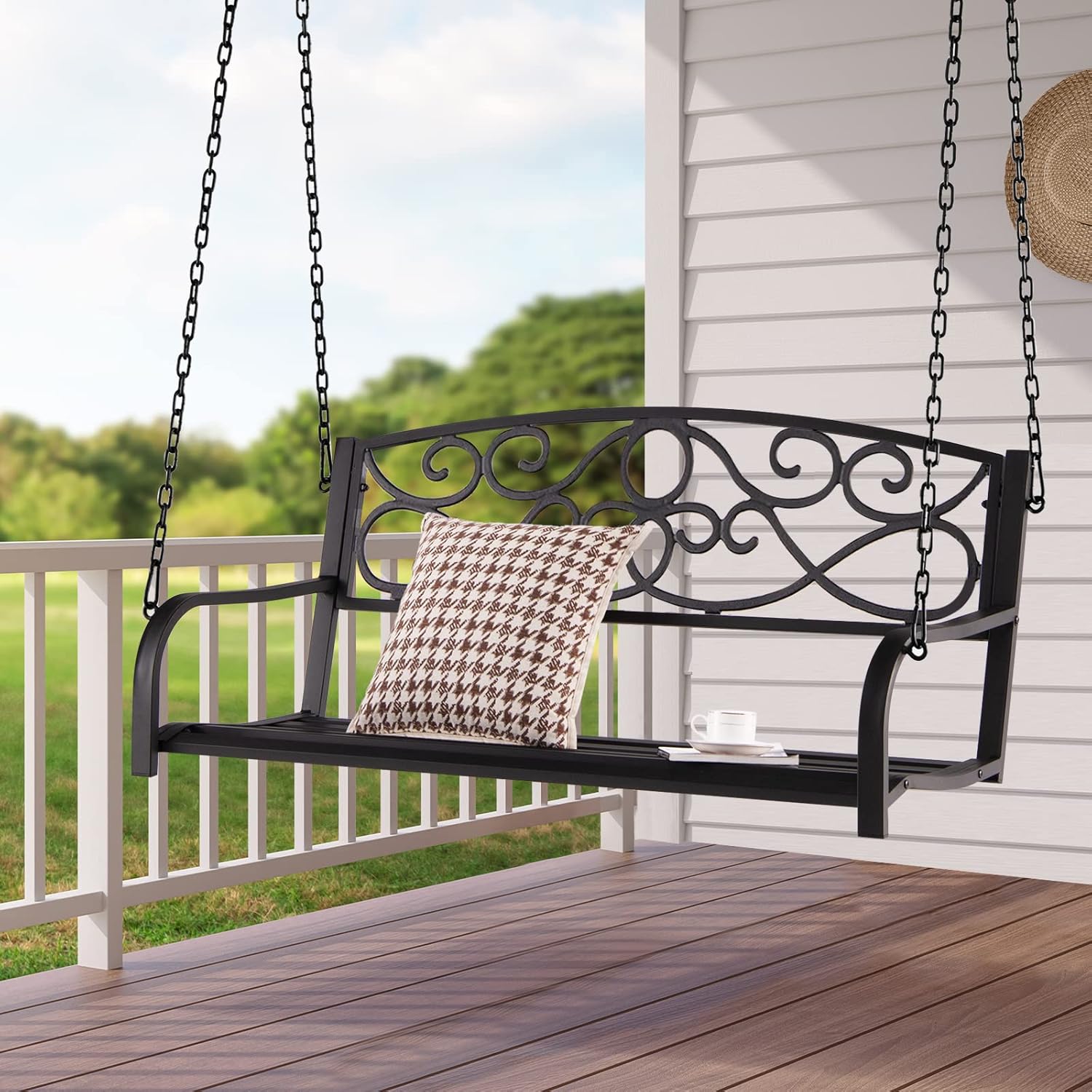Tangkula 2 Person Hanging Porch Swing, Patio Swing Bench with Chains, Backrest & Armrests, Classic Outdoor Metal Swing Chair for Garden, Deck, Backyard (Brown)