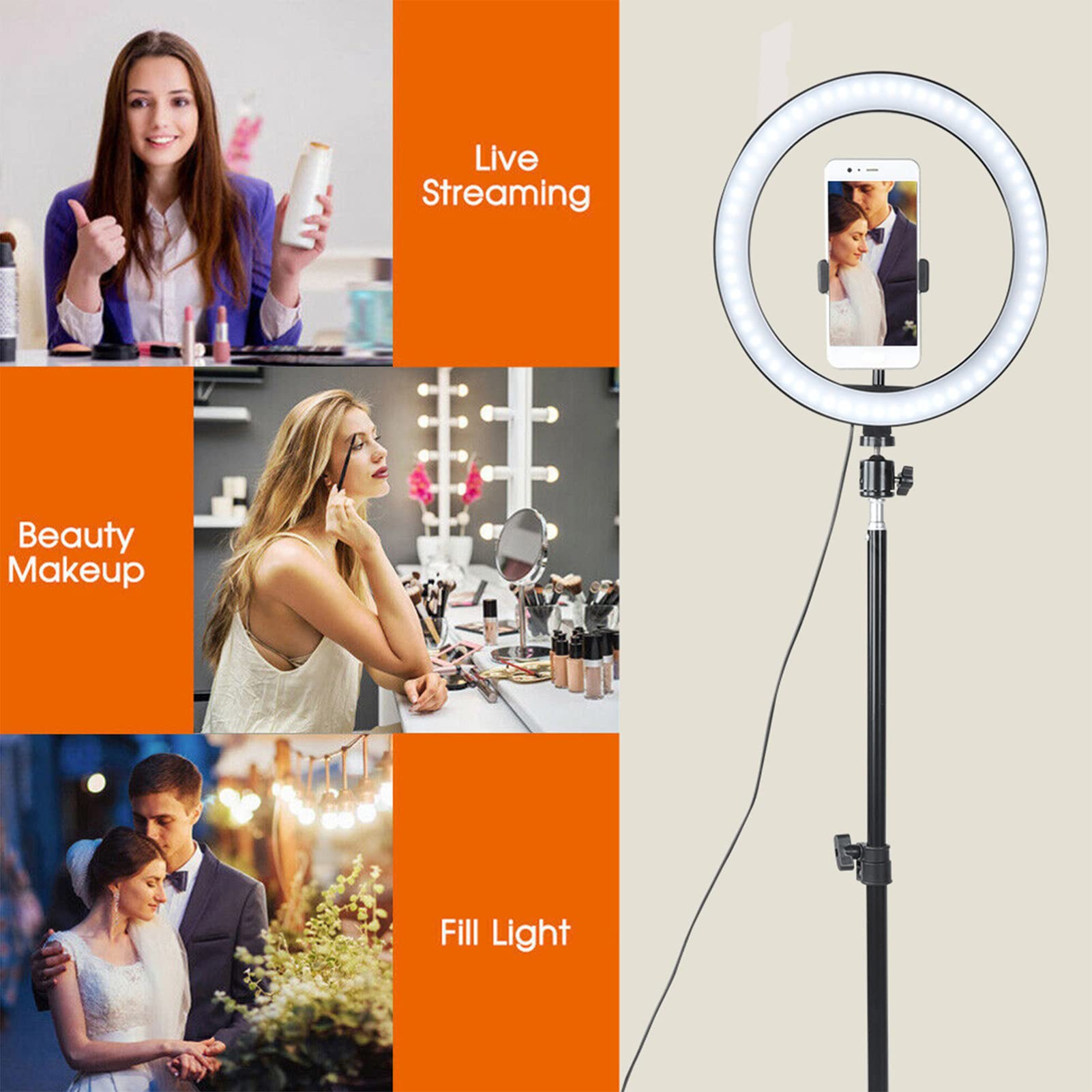 Lampada video per videocamera USB con luce ad anello a LED con luce di riempimento ad anello a LED dimmerabile da 10 pollici con clip per treppiede da 1,2 m per video e video in streaming live