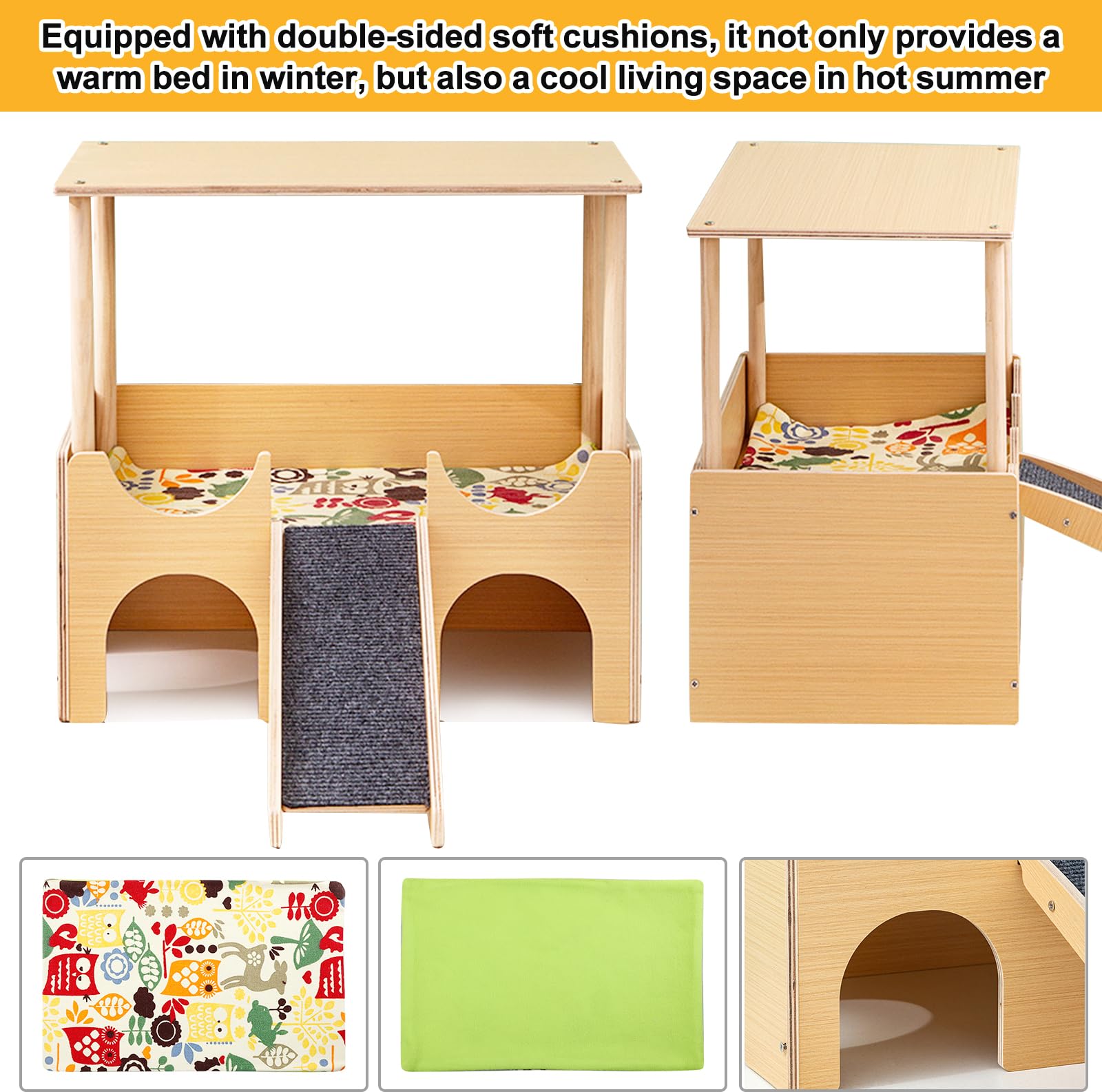 Cachette pour cochon d'Inde à plusieurs étages - Lit en bois avec escalier et tapis - Maison en bois pour hamster - Maison amovible à plusieurs chambres - Pour lapin, chinchilla Habitat (jaune)