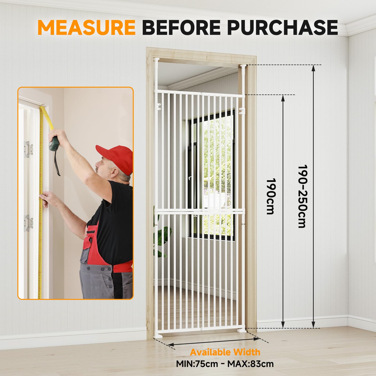 Extra hohes Katzengitter 180 cm, Türgitter ohne Bohren - Höhenverstellbar für 75-82 cm Türöffnungen, 3,2 cm Gitterabstand, Haustiergitter für Flur/Treppe, Überkletterschutz