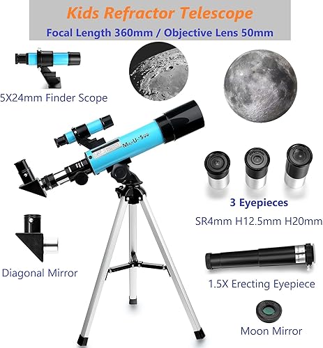 Miniatura 2 de MaxUSee Telescopio lunar para niños y principiantes en astronomía, telescopio refractor con mira buscador y 3 oculares, telescopio de viaje con