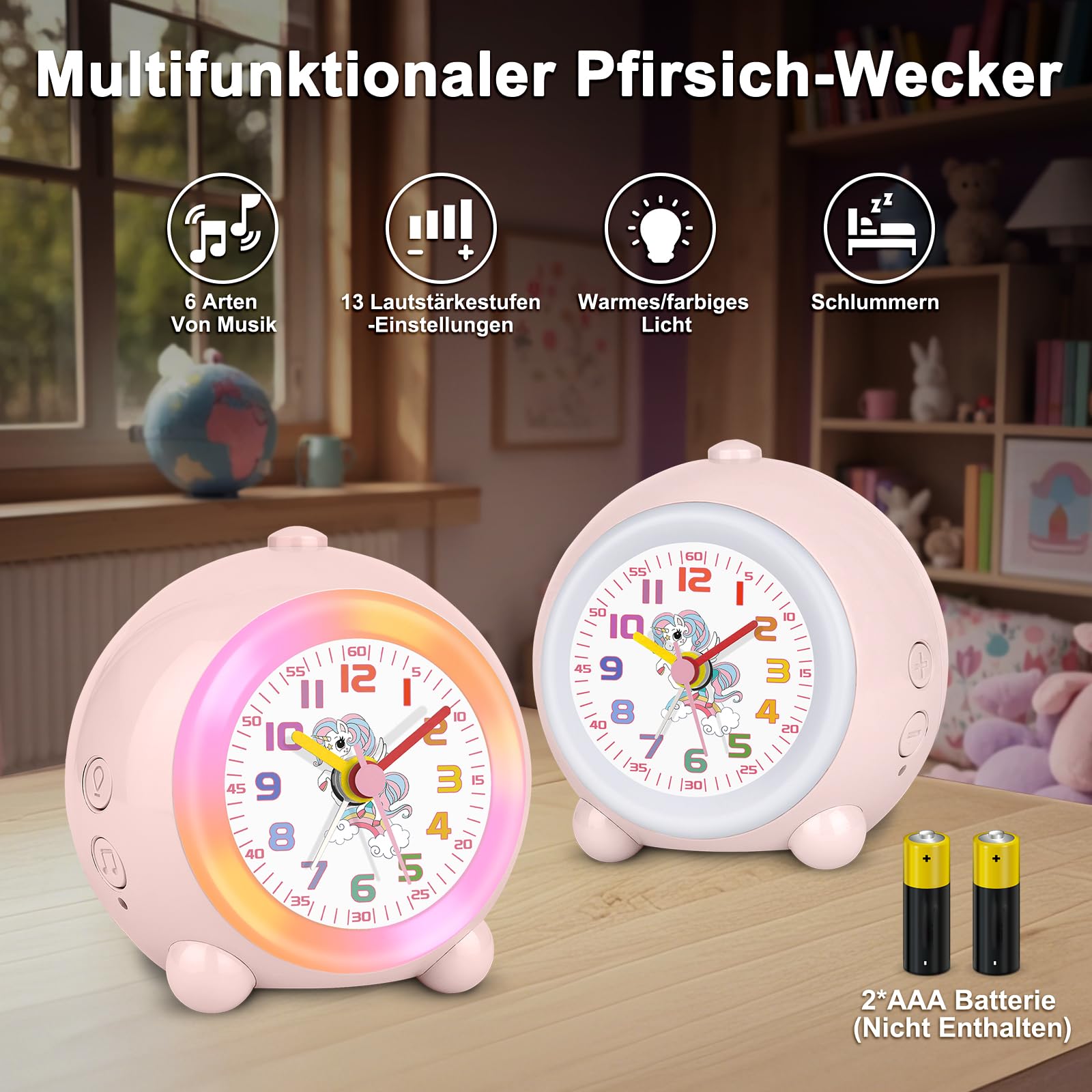 SOCICO Analoger Kinder Wecker Mädchen, Einhorn Design, Lautlos, Ohne Ticken Niedlicher Pfirsich Wecker Analog, mit Buntem Licht, Einstellbare Lautstärke (Blassrosa)