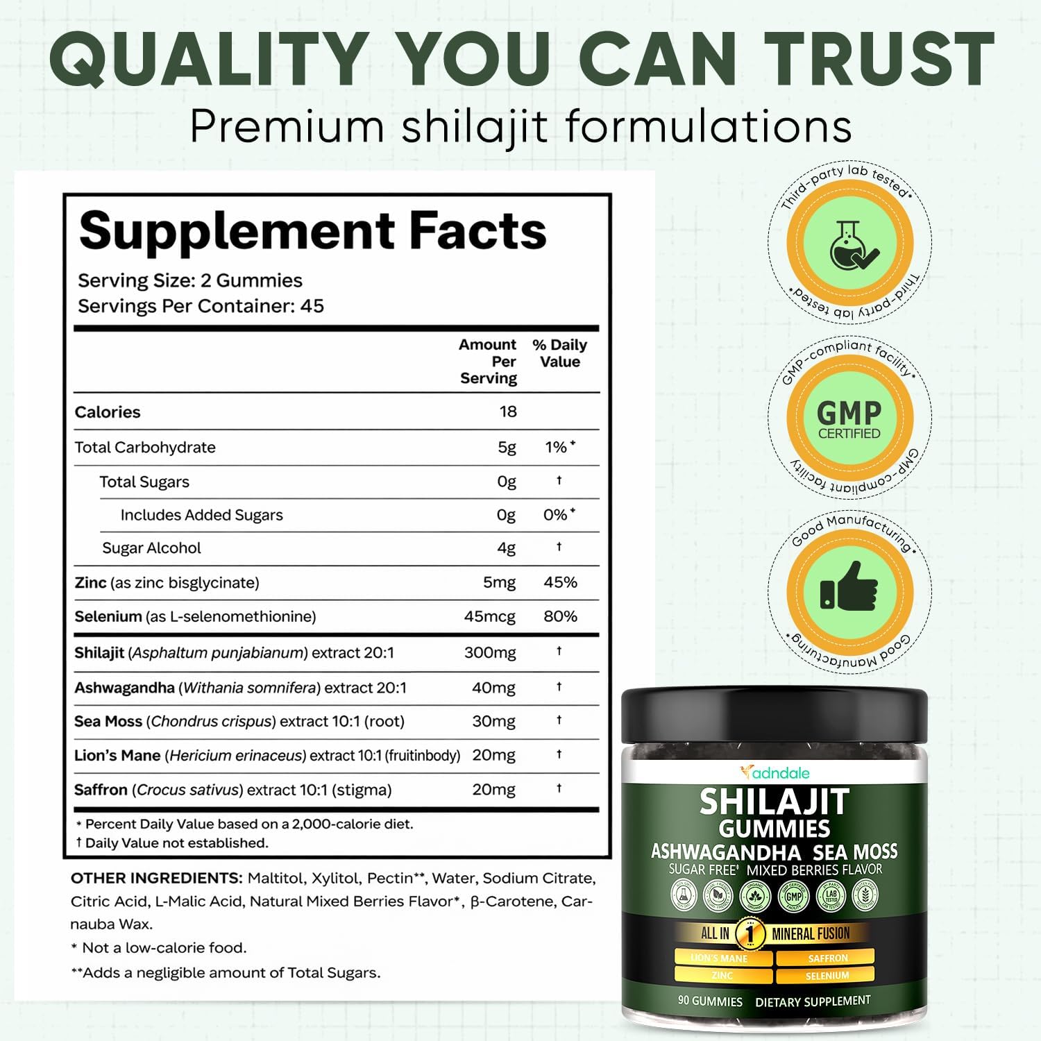 Adndale Himalayan Natural Shilajit Gummies for Men & Women, Sugar-Free Mixed Berries Flavor - with Ashwagandha, Sea Moss, Lion’s Mane & Saffron + Zinc & Selenium - 90 Gummies (45 Servings)