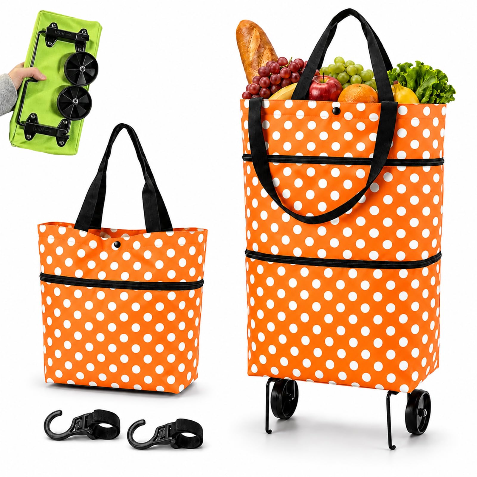 2-in-1 Foldable Shopping Cart, 5kg Shopping Trolley Bag with Wheels,Telescopic Storage Bag With Oxford Cloth Reusable Folding bag for Grocery, Travel, Supermarket, Camping & Daily Errands (F)