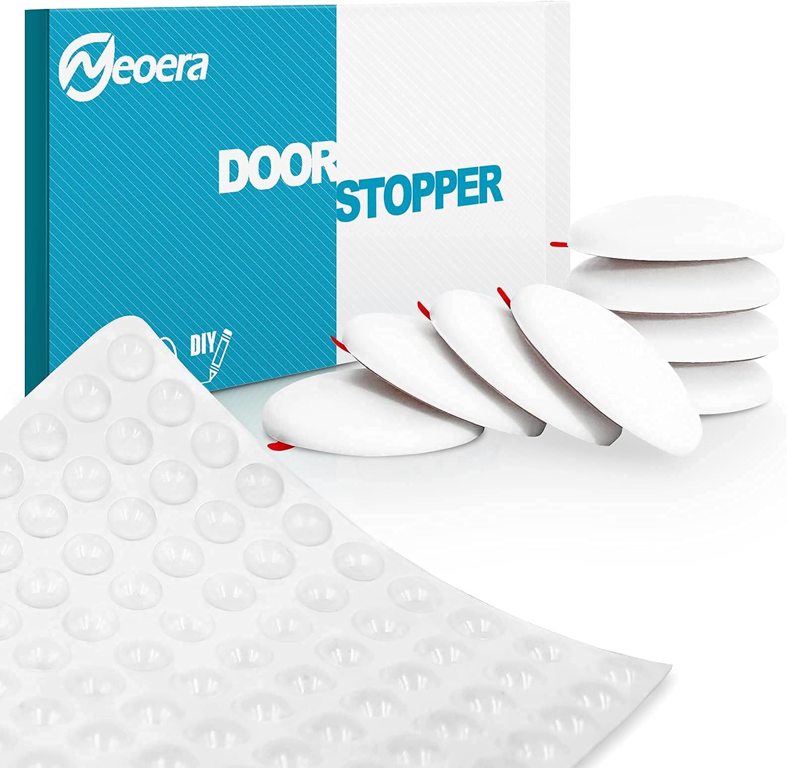 Neoera Door Stopper Wall Protector 1.57" Dia White 8 pcs & Cabinet Bumpers 3/8" Dia Clear 200 pcs