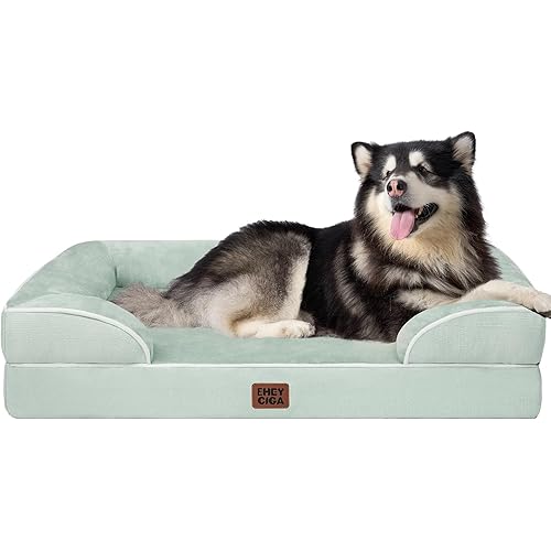 EHEYCIGA Orthopedic Dog Beds for Extra Large Dogs, Waterproof Memory Foam XXL Dog Bed with Sides, Non-Slip Bottom and Egg-Crate Foam Big Pet Couch Bed with Washable Removable Cover, Sage Green