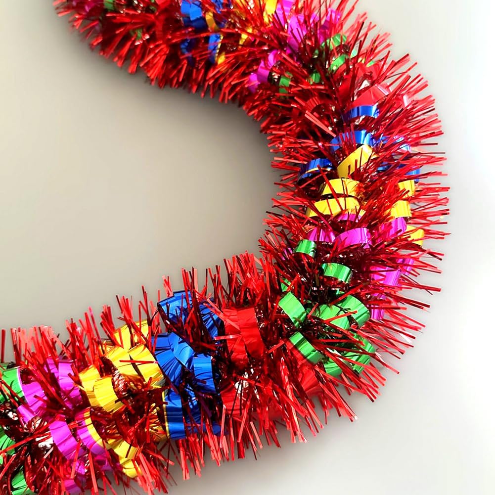 33Ft Christmas Tinsel Garland Shiny Thick Tinsel Decor Xmas Tree Decorations Metallic Twist Foil Garland for Birthday Teachers' Day Thanksgiving Day Indoor Outdoor Party Supplies - Colourful 2
