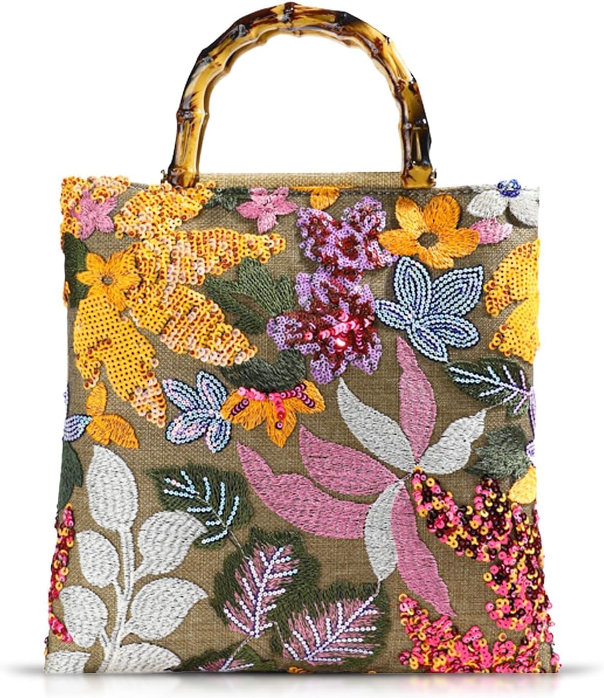 Tote Bag for Women, Orange Sequin Embroidery Straw Bag, Hand-Woven Rounded Bamboo Handle, Bohemian Handbag Suitable for Travel Daily