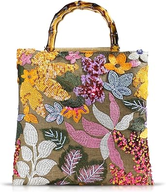 Tote Bag for Women, Orange Sequin Embroidery Straw Bag, Hand-Woven Rounded Bamboo Handle, Bohemian Handbag Suitable for Travel Daily