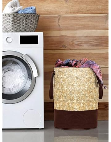 Urbane Home Canvas Waterproof Round Laundry Basket For clothes|Foldable Toy Storage Organizer|Reinforced Handle With Sturdy Base|BROWN|