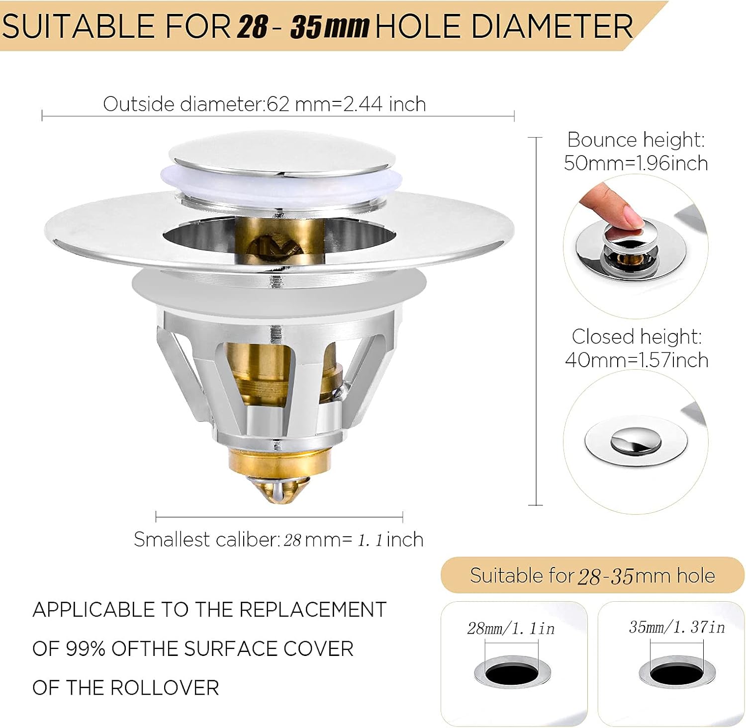Universal 1 1/4 in Silver Stainless Steel Pop-Up Drain Stopper, Bathroom Sink Stopper Replacement, Sink Drain Hair Catcher
