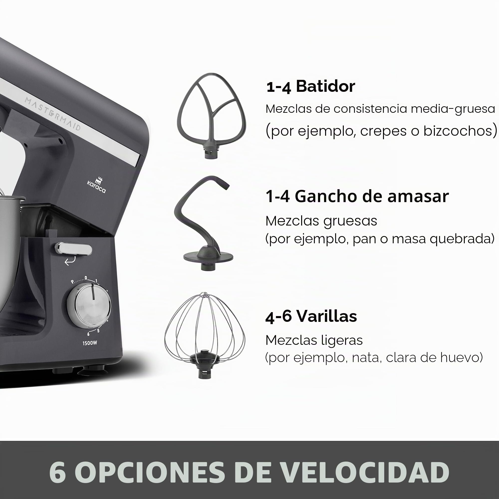 Karaca Mastermaid Chef Pro - Cocina de doble brazo (1500 W, color gris espacial, crema brillante, 1500 W, batidora de 5 L, procesador de alimentos, ajuste de velocidad, gancho para amasar, batir,