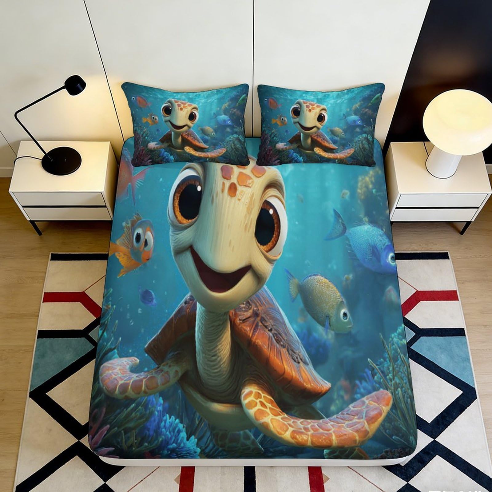 3D Printed Ocean Turtle Fitted Sheet Microfiber Soft Aqua Marine Life Mattress Cover for Bedroom Dorm Decor 90x200x25cm