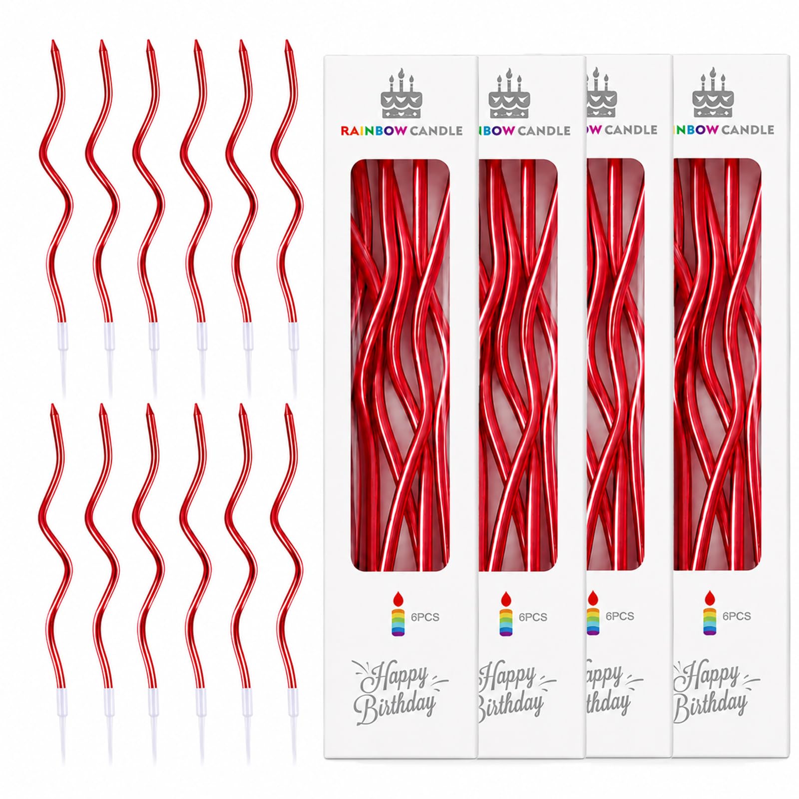 24-Pack Red Spiral Metallic Birthday Cake Candles with Plastic Holders - Long Twisted Candle Toppers for Wedding, Party, Anniversary & Festive Cake Decorations
