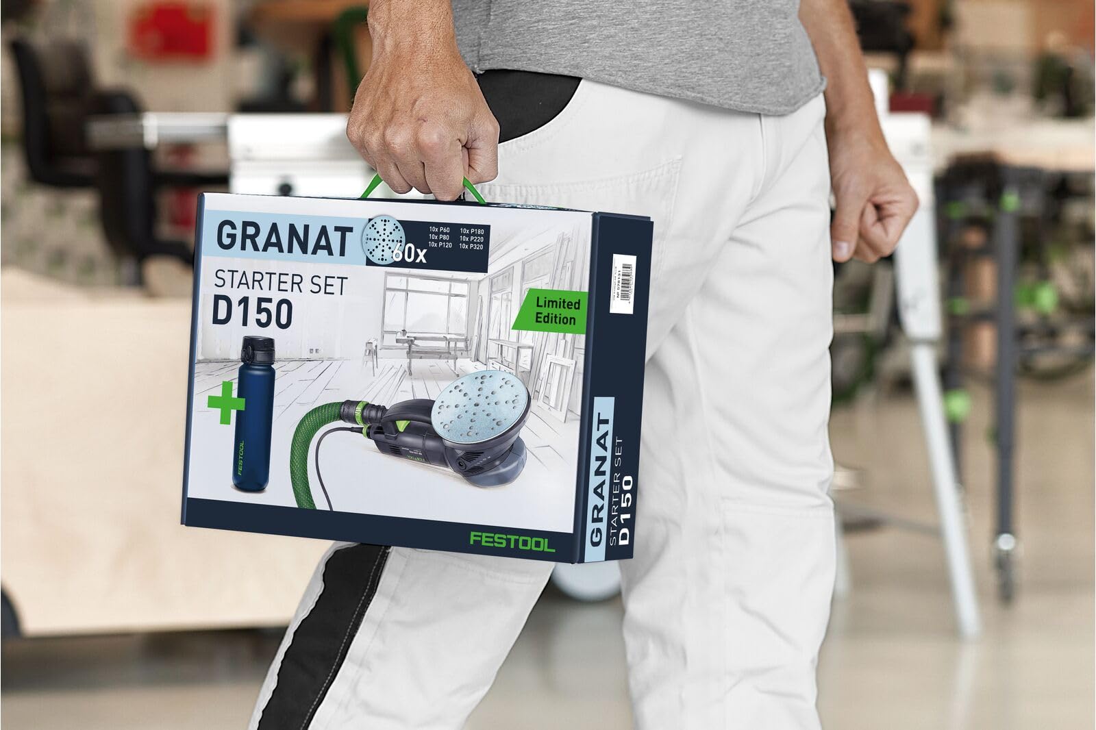 Festool Granat Schleifscheiben Set D150-60x Schleifpapier & Trinkflasche | Für VOC-Lacke & harte Untergründe - Körnung P60 bis P320 - 49-Loch Multi-Jetstream 2 - Passend für RO 150 & ETS 150