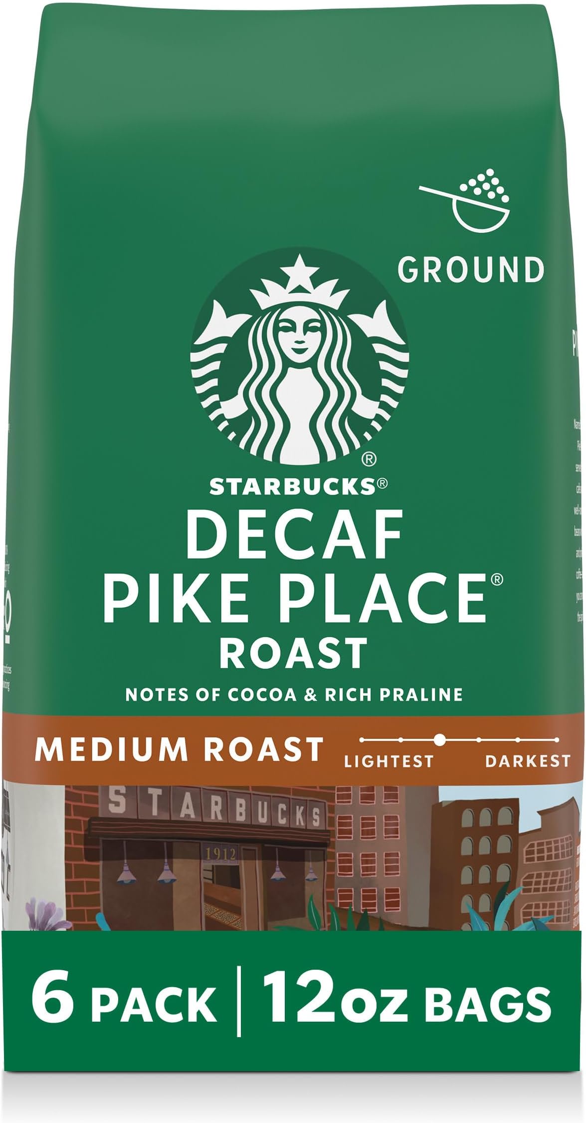 Decaf Pike Place Roast Medium Roast Ground Coffee, 12-Ounce Bag (Pack of 6)