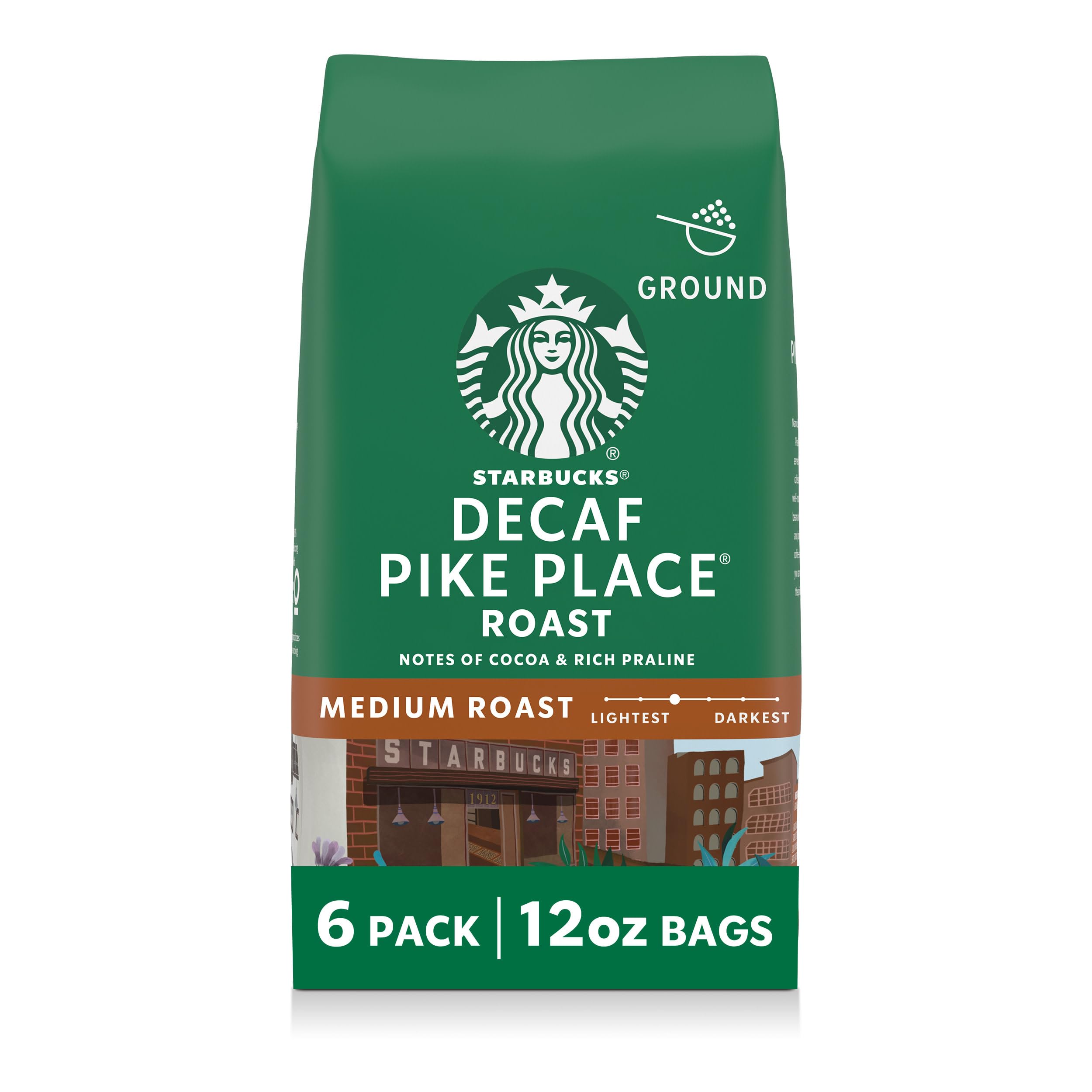 Starbucks Ground Coffee, Medium Roast Hot or Iced Coffee, Decaf Pike Place Roast, Six 12 oz Bags​