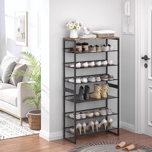 Garden 4 you Zapatero organizador de 7 niveles, estante de almacenamiento de gran capacidad con mesa de madera marrón, estante de metal ajustable
