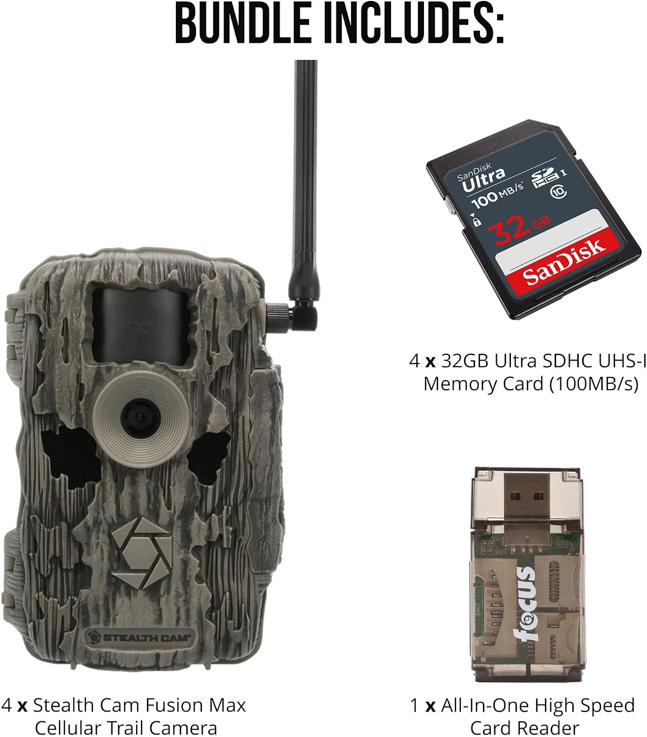 Stealth Cam 36MP Fusion Max Cellular Trail Camera with 80 Feet Detection Range 4-Pack with Four 32GB Memory Cards and Card Reader (9 Items)