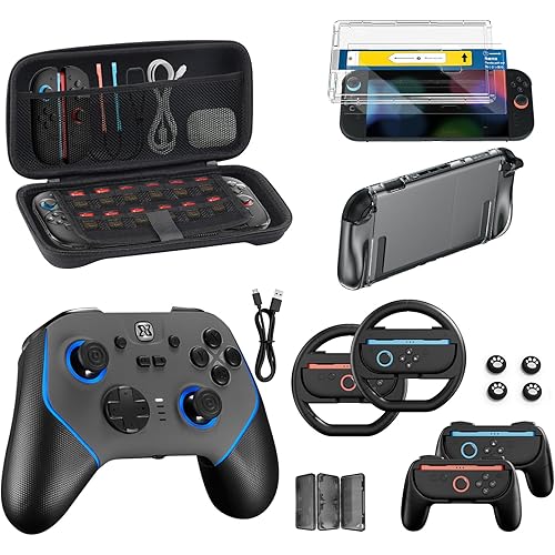 Pro Controller Accessories Bundle for Nintendo Switch 2, 17-in-1: Carrying Case, Screen Protector, Thumb Grip for Joycon, Dockable Console Protective Cover Shell, Steering Wheel, 2025 Switch2 Game Kit