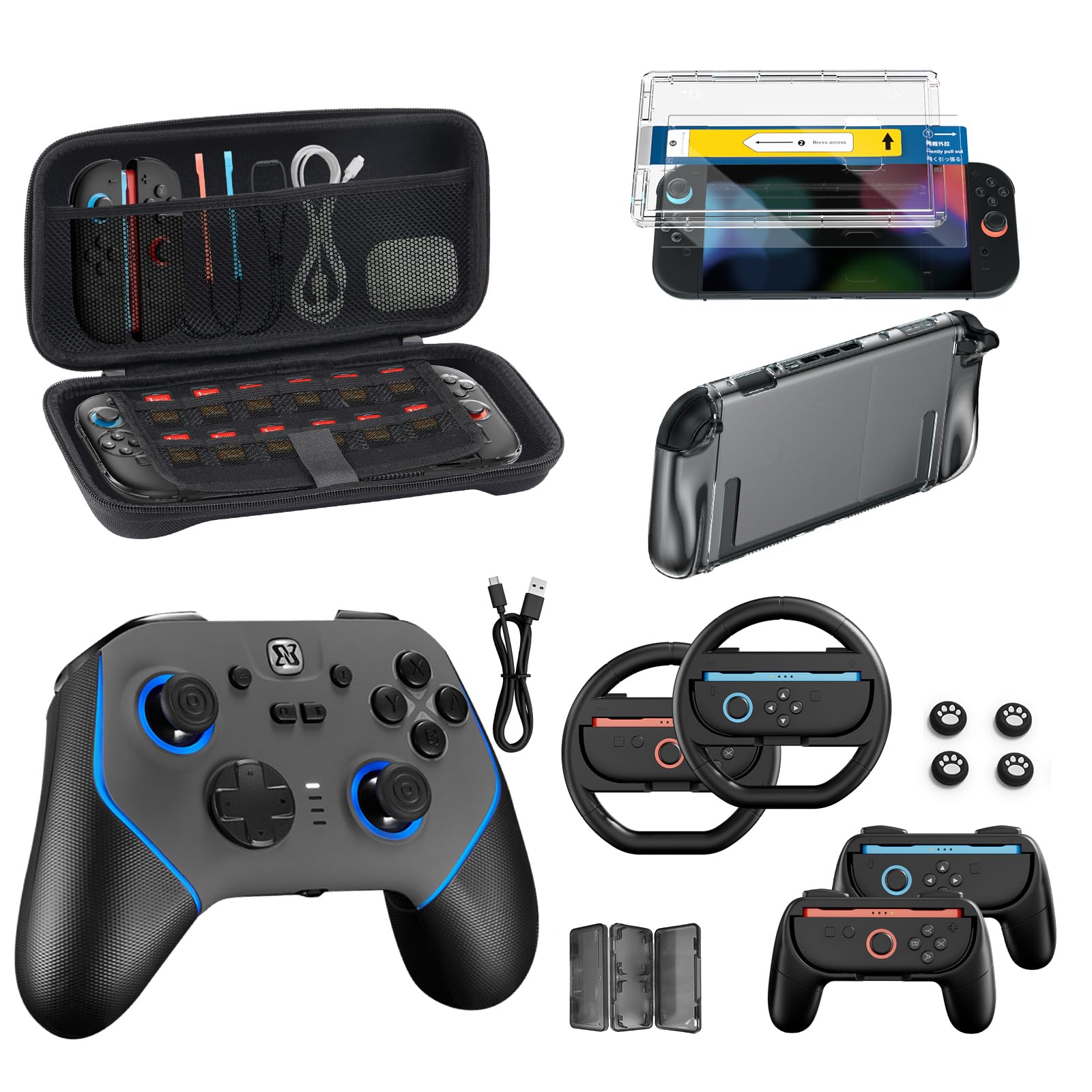 Switch zestaw 2 akcesoriów do Nintendo, zestaw do gier 16 w 1: futerał, kontroler bezprzewodowy, automatyczne wyrównanie osłony ekranu OneTouch, kierownica, Joycon dla