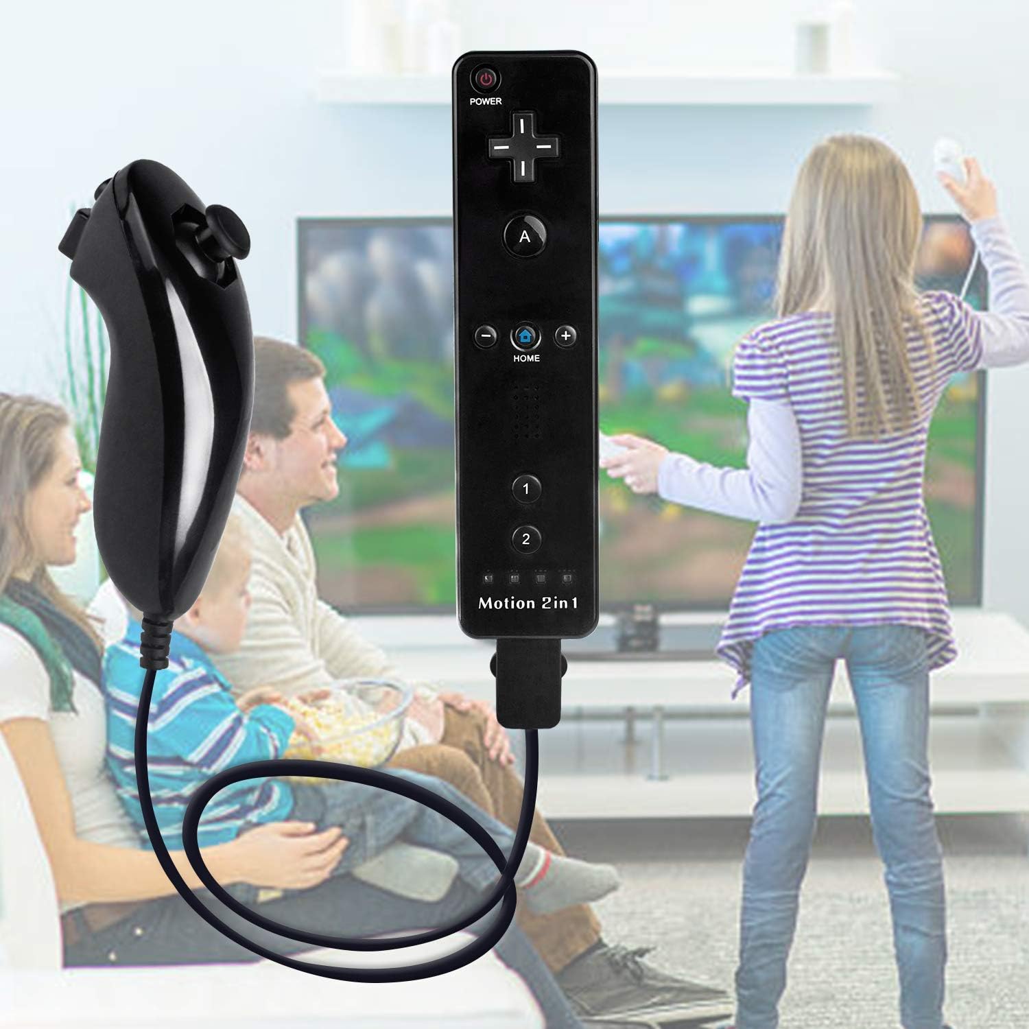 TechKen Remote Controller with Nunchuck for Wii, Bulit in Motion Plus Joystick Gamepad Compatible with Wii (Black)