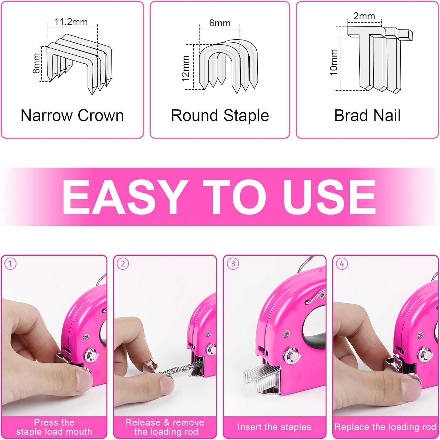 THINKWORK Heavy Duty Staple Gun, 3 in 1 Pink Staple Gun for Upholstery with 900 Staples, Nail Gun for Wood, Cable, Fabric, Wall, Material Repair, DIY Manual Stapler