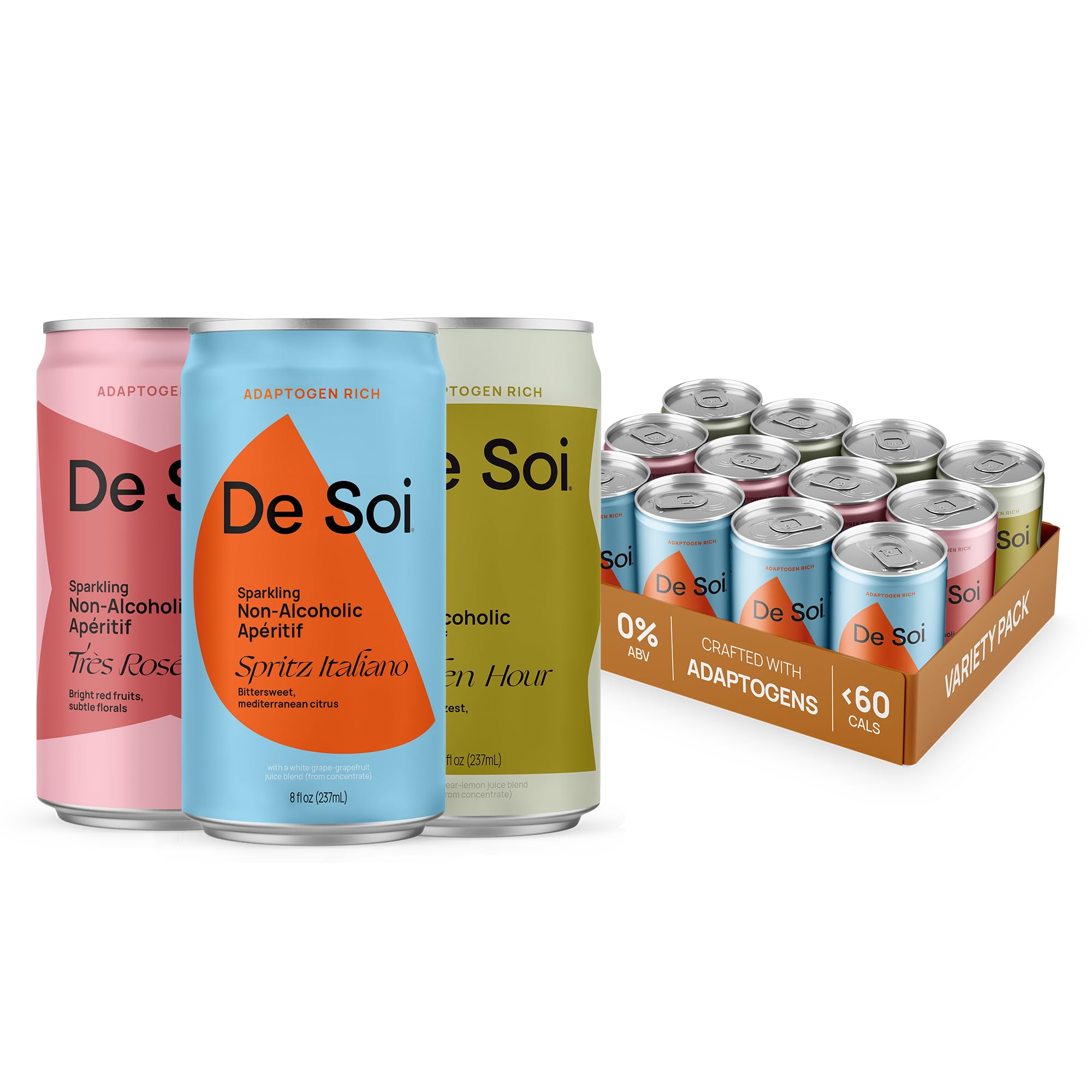 Sponsored Ad - De Soi Variety Pack Mocktails NA Drinks 8 fl oz (12-pack) - Adaptogen Drink, Sparkling Drink with Calming Botanicals, Mocktail Drinks, Gluten Free, No Artificial Flavors